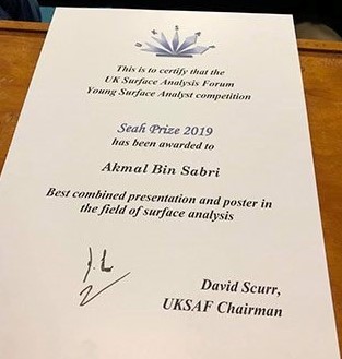 Akmal's Seah Prize certificate