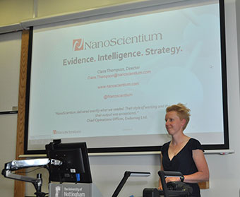 Keynote lecture by Dr Claire Thompson, NanoScientium. Photo courtesy of Simon Caulton